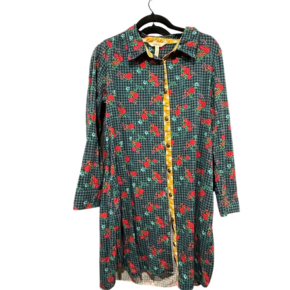 Matilda Jane Womens Floral Gingham Button Down‎ Shirt Dress Teal Red XS